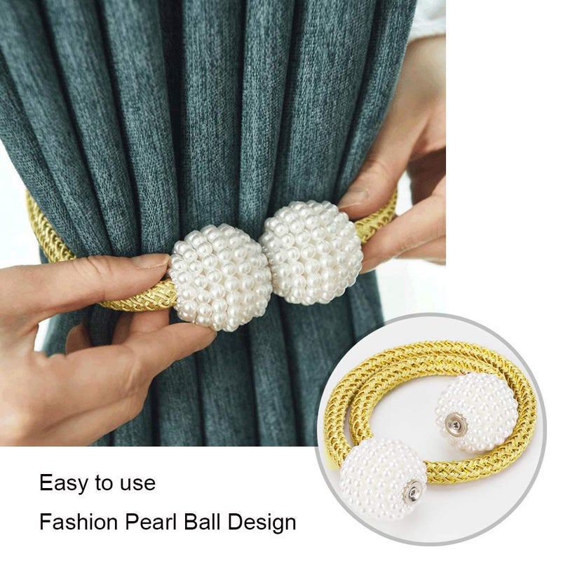 PINOWU [2 Pack] Magnetic Curtain Tiebacks for Window DÃ©cor - Pinowu Weave Rope Clips Drapery Pearl Holdbacks for Home Kitchen Office Window Sheer Blackout (Gold)â€¦ - Image 2